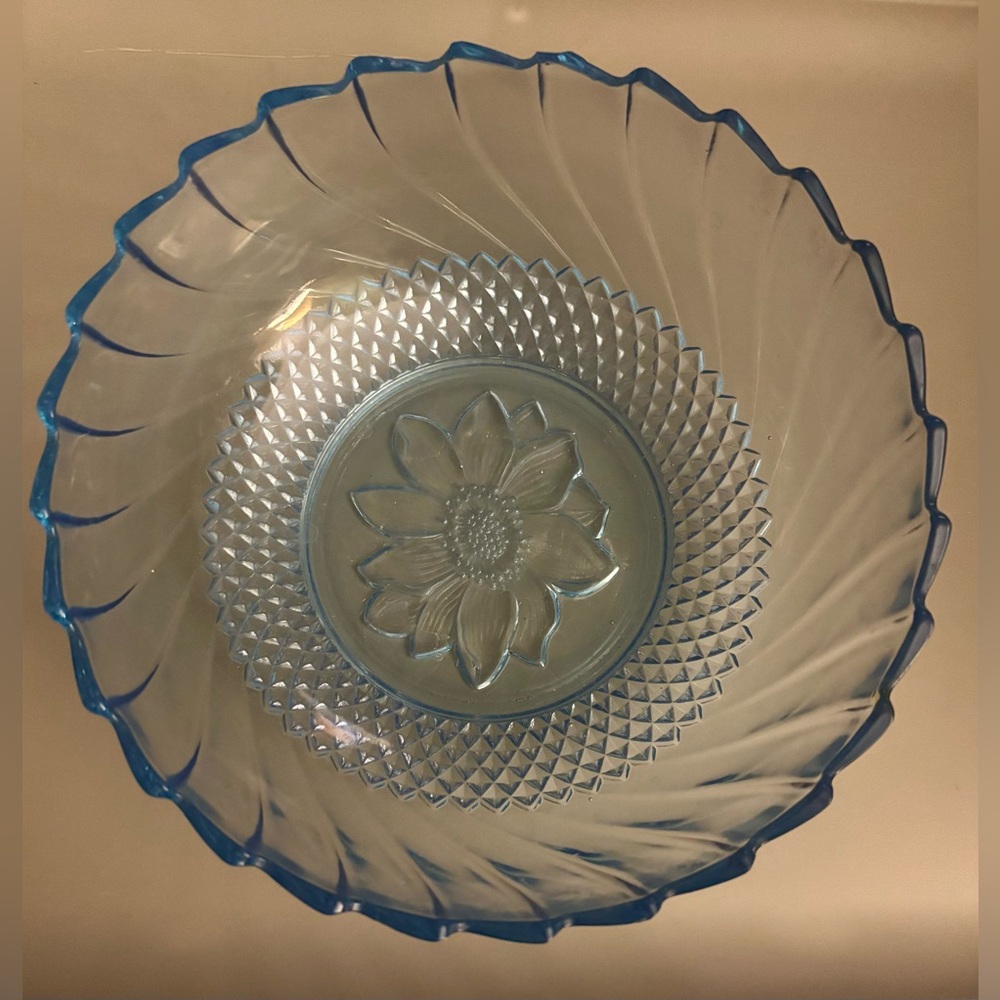 1970's KIG Blue Glass with Sunflower 9" Serving Bowl